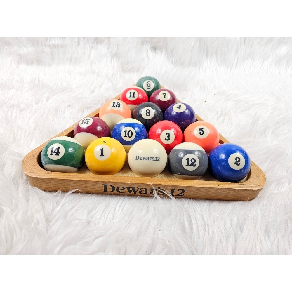 Super Rare DEWARS 12 Promotional 2006 POOL BALL Set With Labeled wooden rack